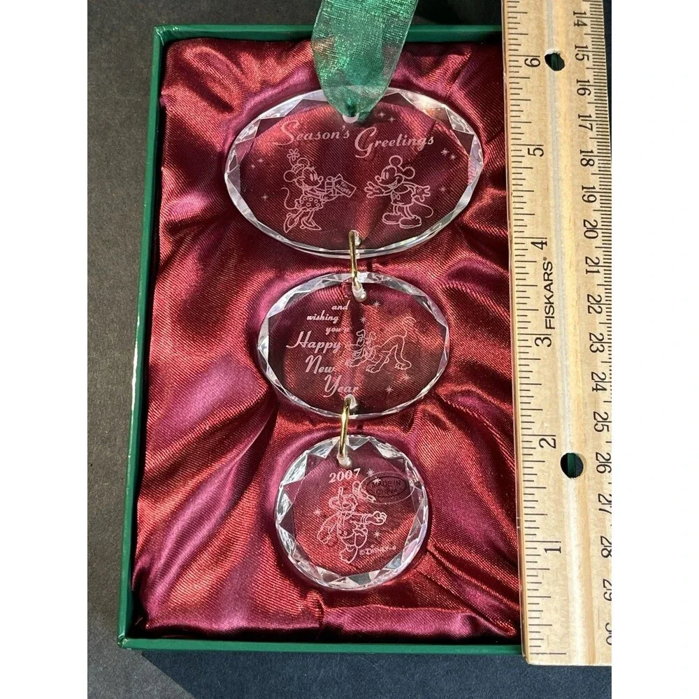 Disney Parks 2007 Mickey Minnie Pluto 3-Tier Crystal Glass Ornament Original Box